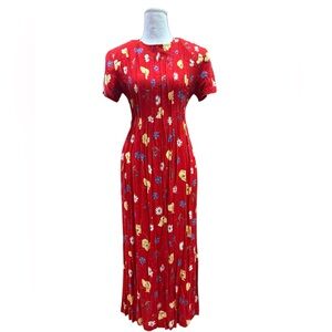 Vintage 90s Positive Attitude Red Floral Midi Dress Size 6 Rayon Tie Back